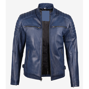 Blousons en cuir de vachette véritable bleu marine pour hommes, tendance du moment, col montant, fermeture éclair, coupe ajustée, style motard, pour l'hiver - Product Image 3