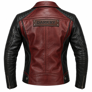Blouson de motard en cuir véritable bicolore rouge et noir pour homme, style streetwear, vente en gros - Product Image 2