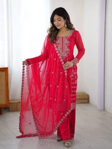 Elegante Conjunto de Traje Pakistaní de Georgette Sintético con Dupatta y Palazzo con Bordado de Hilo para Mujer - Product Image 2