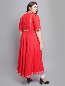 Red Rayon Pintucks Anarkali Kurti With Mandarin Collar And Short Sleeves For Plus Size Women's Stylish Daily Wear - Product Image 2