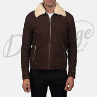 Veste aviateur en daim marron foncé pour homme, col en fausse fourrure crème, coupe slim, chaude, hiver, fermeture éclair, style bomber