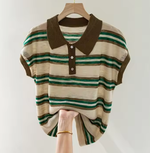 T-shirt en twill à rayures contrastées et revers, à manches courtes, pour femme, coupe ample et décontractée, idéal pour l'hiver, avec logo personnalisé - Product Image 5
