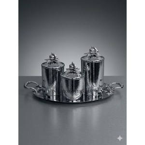 Hot Selling Silver Polished Prime Quality Stainless Steel Hammered Texture <b>Set</b> Of 3 <b>Canisters</b> With Golden Butterfly Handles Top - Product Image 2