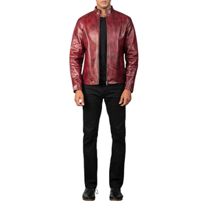 Men’s <b>Burgundy</b> Red Genuine <b>Leather</b> Bomber <b>Jacket</b> Vintage Distressed Finish Full Zip Premium Casual Winter Outerwear - Product Image 5