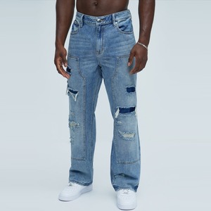 Pantalones vaqueros holgados de mezclilla para hombre, pantalones cargo para hombre, conjunto de chaqueta y pantalón vaquero azul rasgado - Product Image 4