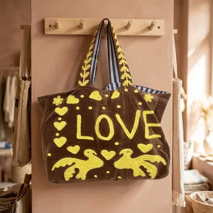 <b>Vintage</b> Velvet Embroidered Tote Bag Women LOVE Letter Hearts Birds Daily Shoulder <b>Handbag</b> - Product Image 4