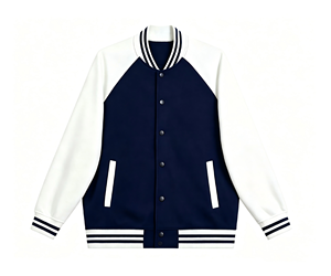 Navy White Varsity Jacket College Jacket Snap Button Baseball <b>Coat</b> Striped Rib Contrast Sleeve Custom School Teamwear Wholesale - Product Image 1