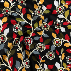 Tissu de rideau de luxe Botanique Noir en crêpe plat rétro peigné et résistant à l'eau, motif Kalamkari Giardino Notturno, qualité supérieure, couleur Minuit - Product Image 1