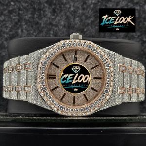 ICE LOOK นาฬิกาข้อมือสแตนเลสสตีลสุดหรูสำหรับผู้ชาย 41 มม. ขอบหน้าปัดประดับเพชรโมอิสซาไนต์ ระบบควอตซ์แบบอนาล็อก คริสตัลแซฟไฟร์ ปุ่มกด - Product Image 1