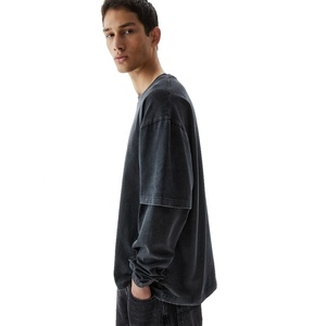 T-shirt Streetwear Personnalisé Vintage Délavé Double Couche Manches Longues Coton Lourd 100% Homme Coupe Oversize Anti-Plis - Product Image 5