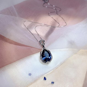 Classic Women's 925 <b>Silver</b> Rhodium Plated Sapphire Pendant Necklace Pear Cut Water Drop <b>Snake</b> <b>Chain</b> Wedding Jewelry - Product Image 3