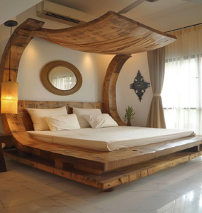 Cabecero de cama abstracto con paneles de madera fluidos y cálida iluminación integrada. Disponible a precios de mayorista. Estilo sofisticado para camas. - Product Image 3