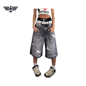 High Waist Distressed Denim <b>Shorts</b> With Ripped Details And <b>Belted</b> Design For Summer Casual Wear - Product Image 1