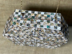 ILAHI's Handmade Sewing MOP Fashion Customized Clutch Bag Chain Strap Shoulder <b>Purse</b> Black <b>White</b> Checker Pattern Silk Screen - Product Image 4
