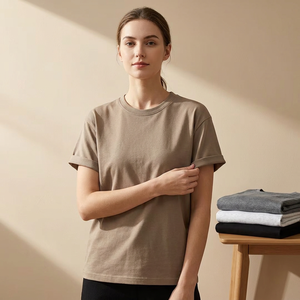 Camiseta de Cuello Redondo 100% Algodón para Mujer, Corte Regular, Color Sólido, Informal, Manga Corta, Transpirable, Tejido de Punto Jersey, con Logotipo, para Todas las Temporadas - Product Image 6