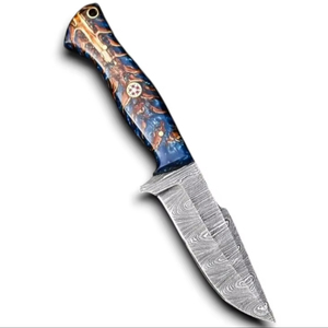 มีดเหล็กดามัสกัสแบบ EDC สำหรับตั้งแคมป์และล่าสัตว์ ด้ามจับเรซิ่นรูปทรงกรวยสน ออกแบบตามหลักสรีรศาสตร์ ใบมีดแบบ Drop Point ปรับแต่งได้ พร้อมปลอกหนัง - Product Image 1