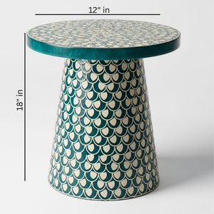 โต๊ะข้างทรงกลมสีเขียวอมฟ้าลายกระดูกปลาฝังมุก งานแฮนด์เมด โต๊ะกาแฟลายเกล็ดปลา - Product Image 2