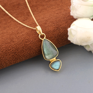 Hip Hop Jewelry Natural Labradorite Pendant Necklace 18k Gold Plated Double Cabochon Gemstone Fashion Chain Necklace For Women - Product Image 4