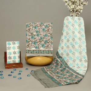 White Grey Floral Cotton Sarong Kurti <b>Pyjama</b> Set | High Quality Hand Block Print Women Resort Wear | Ethnic Casual Lounge Wear - Product Image 1