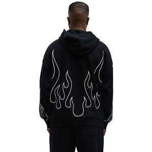 Sweat à capuche en molleton 100 % coton noir pour homme avec imprimé flamme, poche avant personnalisable avec logo, style sportif, grandes tailles, vêtement d'hiver - Product Image 3