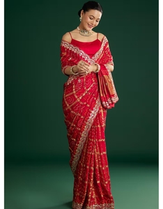 KV <b>Red</b> Bandhani With Mirror Work Designer <b>Saree</b> With Unstitched Blouse - Product Image 3
