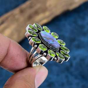 Wholesale Handmade 925 Sterling Silver <b>Abalone</b> <b>Shell</b> and Peridot Cluster Ring Opaque Gemstone Flower Statement Rings For Women - Product Image 3