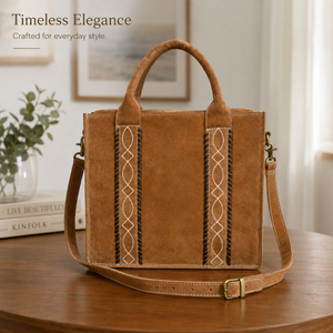 Western Genuine Suede <b>Leather</b> Top Handle <b>Bag</b> with Embroidered Stitch Detail Detachable Shoulder Strap Women's Fashion Handbag - Product Image 4
