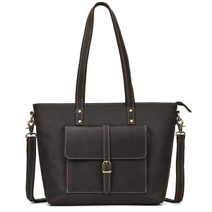 Sac fourre-tout pliable en cuir véritable marron vintage avec fermeture éclair, sac à bandoulière avec poche avant, grande capacité, pour la vente en gros - Product Image 2