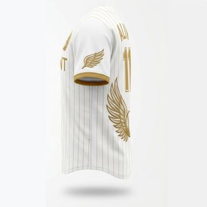 Maillot de baseball personnalisé de qualité supérieure, blanc avec rayures dorées, broderie 3D sur le devant et le dos, pour homme adulte, en polyester respirant - Product Image 4