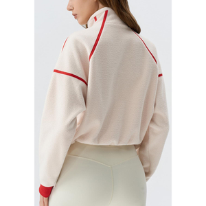 2026 New Arrival <b>Women's</b> <b>Cream</b> <b>Fleece</b> Half-Zip Oversized Sweatshirt Stand Collar Drop-Shoulder Full Sleeve Winter Wear Cropped - Product Image 2