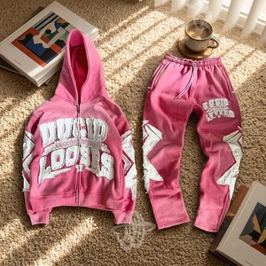 <b>Pink</b> Unisex Hooded Zipper Sweatshirt Set Letter Print Knitted <b>Tracksuit</b> Hip Hop Style Autumn Wear - Product Image 6