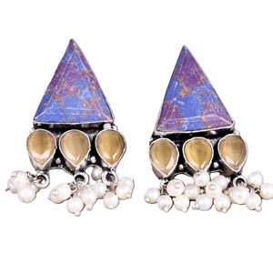 Boucles d'oreilles pendantes vintage en argent oxydé, style bohème ethnique tribal, avec onyx, accents dorés et breloques perles, pour femme, idéales pour les fiançailles - Product Image 1