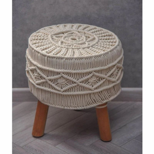 Cotton Round Luxurious Handmade Macrame Covered <b>Ottoman</b> <b>Stool</b> with Wooden Legs Boho Footrest Pouf for Living Room Hotel Cafe - Product Image 2