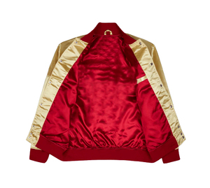 Veste universitaire en satin doré pour homme avec bordure rouge, boutons sur le devant, style décontracté, veste bomber de style universitaire, vêtement d'automne - Product Image 3
