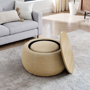 2-in-1 Round Storage Ottoman Woven Rattan Fabric with Small <b>Seat</b> Work & End Table Nature-Inspired 25"x2" <b>Stool</b> & Ottoman - Product Image 5
