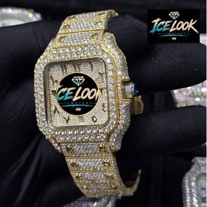 Montre mécanique Miyota de luxe Ice Look Hip Hop, cadran carré, analogique, dorée, bracelet en cristal, pour cadeau et mode - Product Image 3