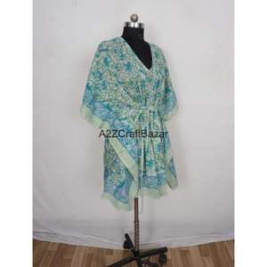 Robe Kaftan Midi Femme 100% Coton Faite à la Main, Col V, Motif Floral Vintage Romantique, Manches Courtes, Légère, pour Plage et Été - Product Image 6