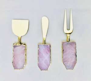 Ensemble de couteaux à fromage en or avec manche en résine de quartz rose, fourchettes à servir et spatules en acier inoxydable, vaisselle pour fêtes, dîners et hôtels - Product Image 1