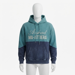 Men Teal <b>Navy</b> Colorblock Hoodie With Oversized Script Graphic Contrast Sleeves Kangaroo Pocket Custom Streetwear <b>Sweatshirt</b> - Product Image 1