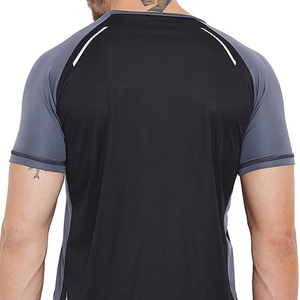 T-shirt pour homme à manches raglan noires et grises, col rond, coupe ajustée, séchage rapide, sportif, en polyester tricoté, couleur unie, manches courtes - Product Image 5
