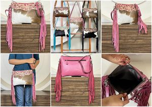 Trending Pink Tooled Leather Cowhide Fringe Shoulder Bags Western Floral Eagle Pattern <b>Large</b> Capacity Evening Handbag for Ladies - Product Image 3