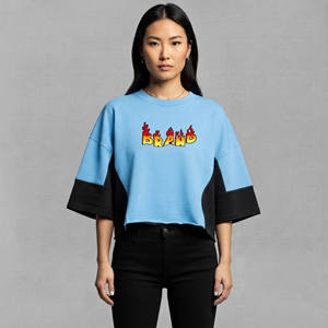 Cheap Price Women's Blue Crop Top With <b>Flame</b> Logo Raglan Sleeve Crew Neck Loose Fit Casual T-<b>Shirt</b> Spring Summer Wear - Product Image 4
