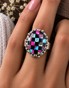 Bague ovale en argent turquoise à motif carreaux et coton-rouge, style bohème western, avec pierre précieuse, bijou fantaisie du sud-ouest pour femme - Product Image 4
