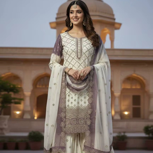 Premium Pakistani Style sharara Set Pure <b>Silk</b> <b>Kurta</b> with Embroidered Dupatta Party & Festive Ethnic Wear - Product Image 1