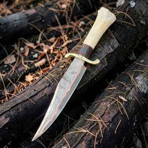 2026 New Brand Copper Damascus Hand Forged Ambidextrous High Hardness Bowie Hunting <b>Knife</b> | 10" Blade W/<b>Bone</b> Wood <b>Handle</b> | Brass - Product Image 1