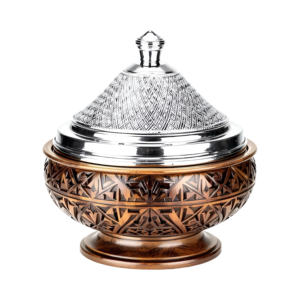 Cazuela de madera tallada intrincada de lujo con tapa de Metal con textura plateada para presentación de comedor elegante para decoración moderna del hogar - Product Image 6