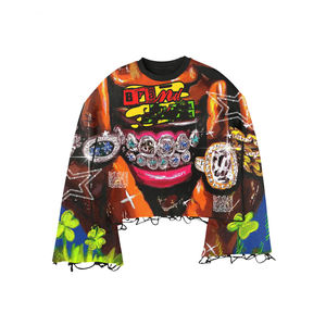 เสื้อยืดฮิปฮอปผู้ชายทรงโอเวอร์ไซส์ แขนยาวสองชั้น ล้างสีแบบแอซิดวอช ประดับด้วยคริสตัลขนาดใหญ่ ผ้าฝ้าย 100% - Product Image 3