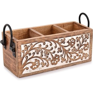 Porte-ustensiles artisanal en bois de manguier noir avec rainures sculptées - Vente en gros - Product Image 2