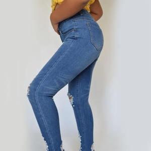 Vaqueros de mezclilla de cintura alta a la moda para mujer, diseño de perlas con rasgaduras desgastadas y corte recto, elásticos y ajustados - Product Image 3