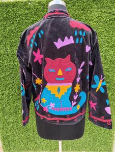 Chaqueta de terciopelo negro de lujo con bordado Suzani y patrón de gatos multicolor, manga larga, cuello alto, estilo bohemio, abrigo de invierno para mujer - Product Image 2